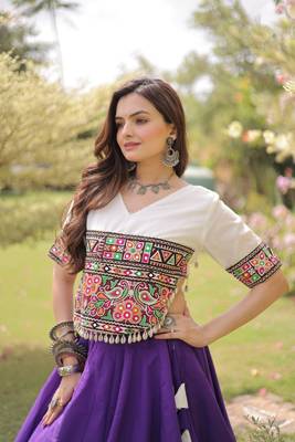 Purple & White Lotus Flower Gota & Mirror Lace Work Roman Flared Lehenga With Kutchi Gamthi Blouse Set 5