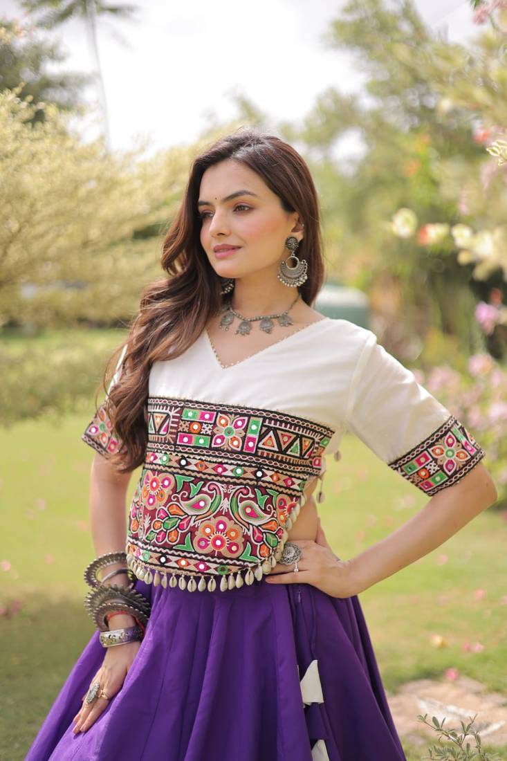 Purple & White Lotus Flower Gota & Mirror Lace Work Roman Flared Lehenga With Kutchi Gamthi Blouse Set