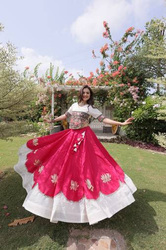 Pink & White Lotus Flower Gota & Mirror Lace Work Roman Flared Lehenga With Kutchi Gamthi Blouse Set