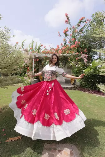 Pink & White Lotus Flower Gota & Mirror Lace Work Roman Flared Lehenga With Kutchi Gamthi Blouse Set
