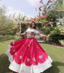 Pink & White Lotus Flower Gota & Mirror Lace Work Roman Flared Lehenga With Kutchi Gamthi Blouse Set