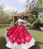 Pink & White Lotus Flower Gota & Mirror Lace Work Roman Flared Lehenga With Kutchi Gamthi Blouse Set