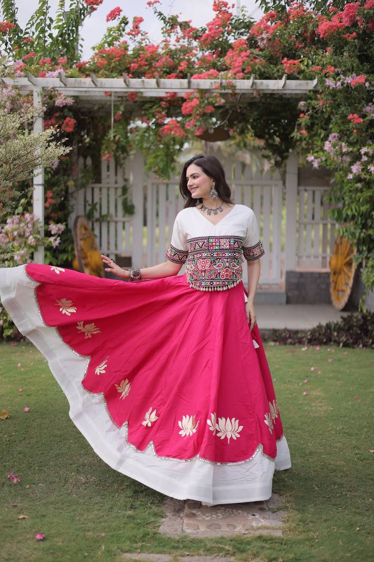 Pink & White Lotus Flower Gota & Mirror Lace Work Roman Flared Lehenga With Kutchi Gamthi Blouse Set