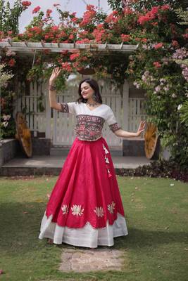 Pink & White Lotus Flower Gota & Mirror Lace Work Roman Flared Lehenga With Kutchi Gamthi Blouse Set 4