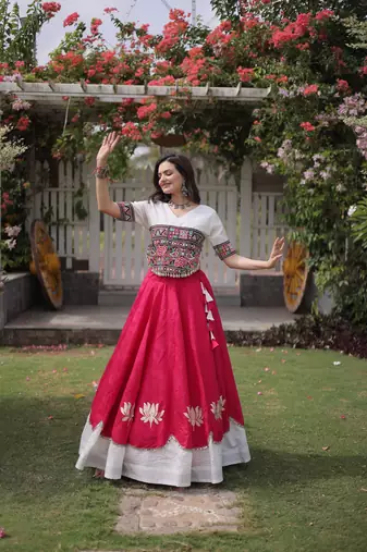 Pink & White Lotus Flower Gota & Mirror Lace Work Roman Flared Lehenga With Kutchi Gamthi Blouse Set