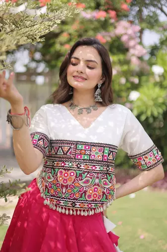 Pink & White Lotus Flower Gota & Mirror Lace Work Roman Flared Lehenga With Kutchi Gamthi Blouse Set