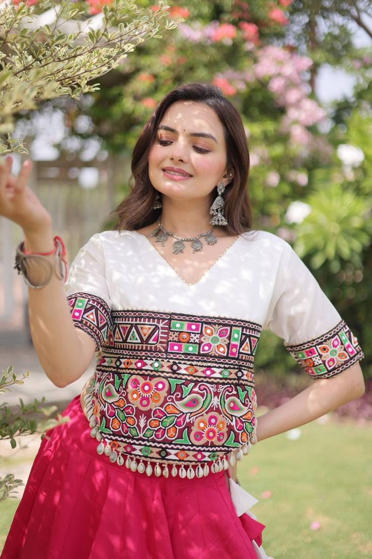 Pink & White Lotus Flower Gota & Mirror Lace Work Roman Flared Lehenga With Kutchi Gamthi Blouse Set