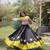 Black & Lemon Yellow Lotus Flower Gota & Mirror Lace Work Roman Flared Lehenga With Kutchi Gamthi Blouse Set