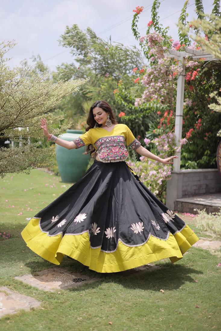 Black & Lemon Yellow Lotus Flower Gota & Mirror Lace Work Roman Flared Lehenga With Kutchi Gamthi Blouse Set