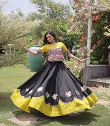 Black & Lemon Yellow Lotus Flower Gota & Mirror Lace Work Roman Flared Lehenga With Kutchi Gamthi Blouse Set