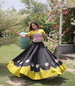 Black & Lemon Yellow Lotus Flower Gota & Mirror Lace Work Roman Flared Lehenga With Kutchi Gamthi Blouse Set