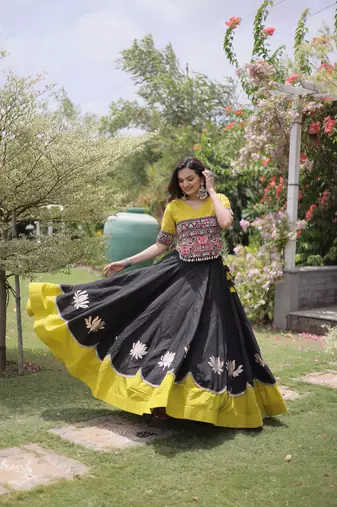 Black & Lemon Yellow Lotus Flower Gota & Mirror Lace Work Roman Flared Lehenga With Kutchi Gamthi Blouse Set