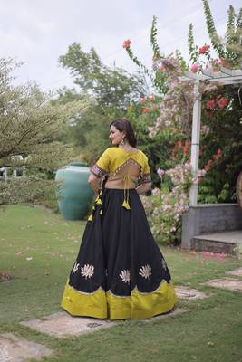 Black & Lemon Yellow Lotus Flower Gota & Mirror Lace Work Roman Flared Lehenga With Kutchi Gamthi Blouse Set 3