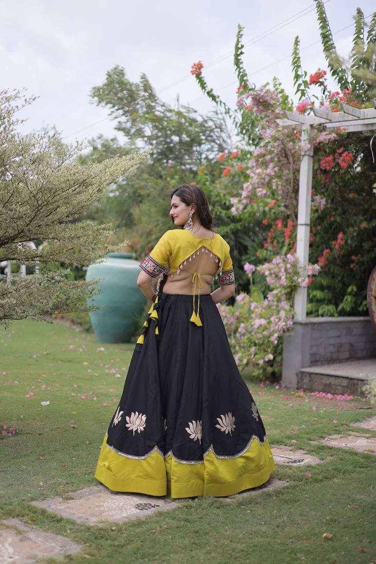 Black & Lemon Yellow Lotus Flower Gota & Mirror Lace Work Roman Flared Lehenga With Kutchi Gamthi Blouse Set