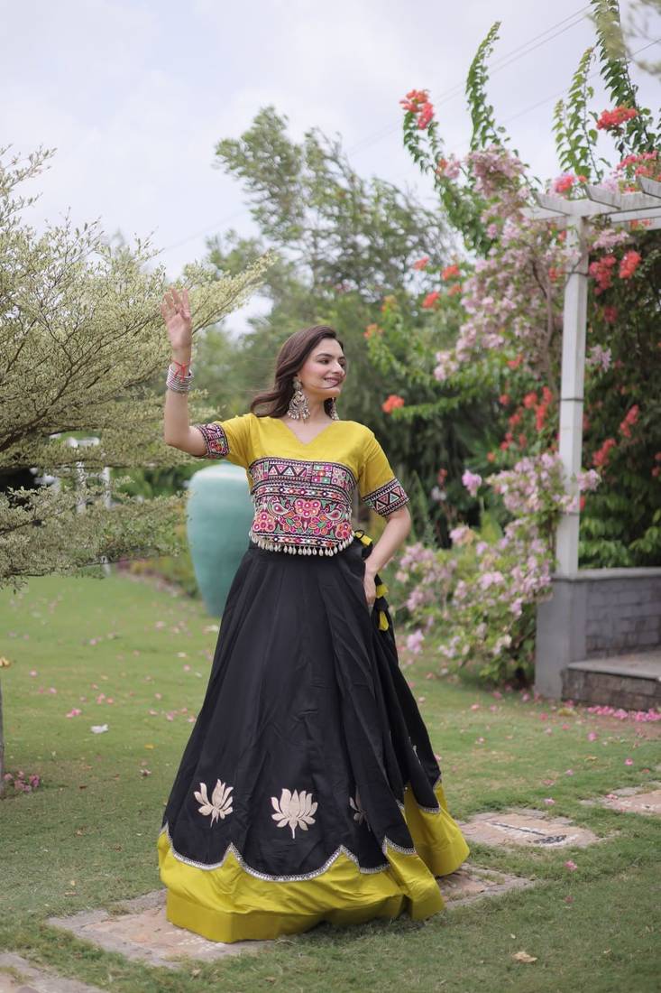 Black & Lemon Yellow Lotus Flower Gota & Mirror Lace Work Roman Flared Lehenga With Kutchi Gamthi Blouse Set