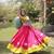 Pink & Lemon Yellow Lotus Flower Gota & Mirror Lace Work Roman Flared Lehenga With Kutchi Gamthi Blouse Set