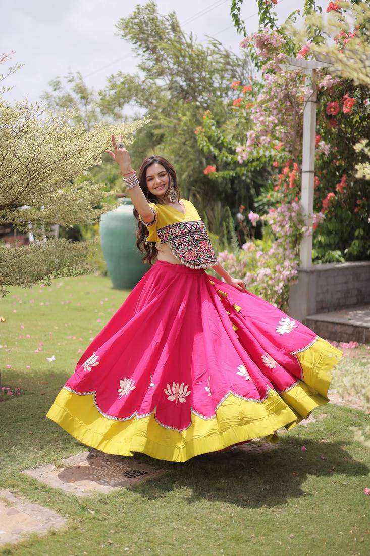 Pink & Lemon Yellow Lotus Flower Gota & Mirror Lace Work Roman Flared Lehenga With Kutchi Gamthi Blouse Set