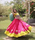 Pink & Lemon Yellow Lotus Flower Gota & Mirror Lace Work Roman Flared Lehenga With Kutchi Gamthi Blouse Set