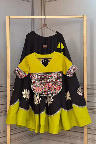 Black & Lemon Yellow Lotus Flower Gota & Mirror Lace Work Roman Flared Lehenga With Kutchi Gamthi Blouse Set