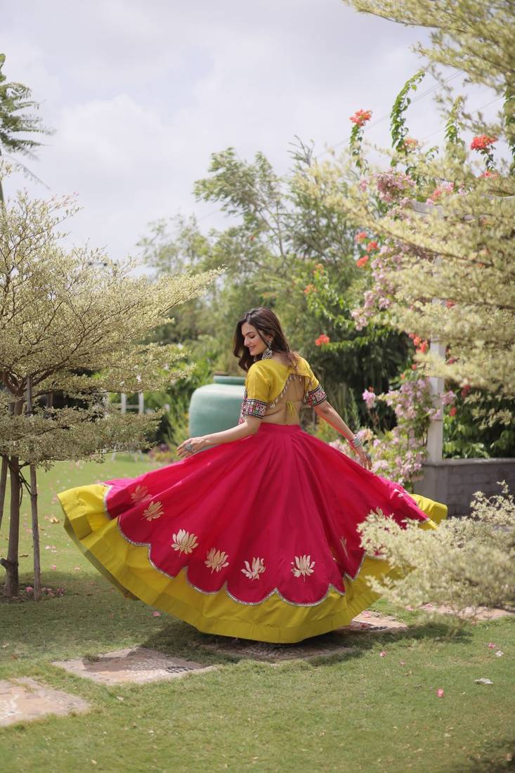 Pink & Lemon Yellow Lotus Flower Gota & Mirror Lace Work Roman Flared Lehenga With Kutchi Gamthi Blouse Set