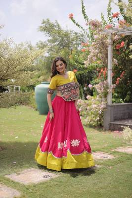 Pink & Lemon Yellow Lotus Flower Gota & Mirror Lace Work Roman Flared Lehenga With Kutchi Gamthi Blouse Set 3