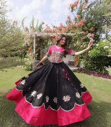 black & pink lotus Flower Gota & Mirror Lace Work Roman Flared Lehenga With Kutchi Gamthi Blouse Set