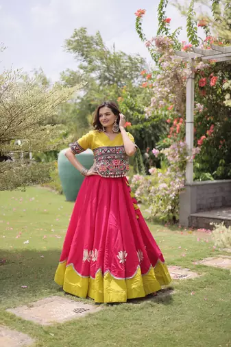 Pink & Lemon Yellow Lotus Flower Gota & Mirror Lace Work Roman Flared Lehenga With Kutchi Gamthi Blouse Set