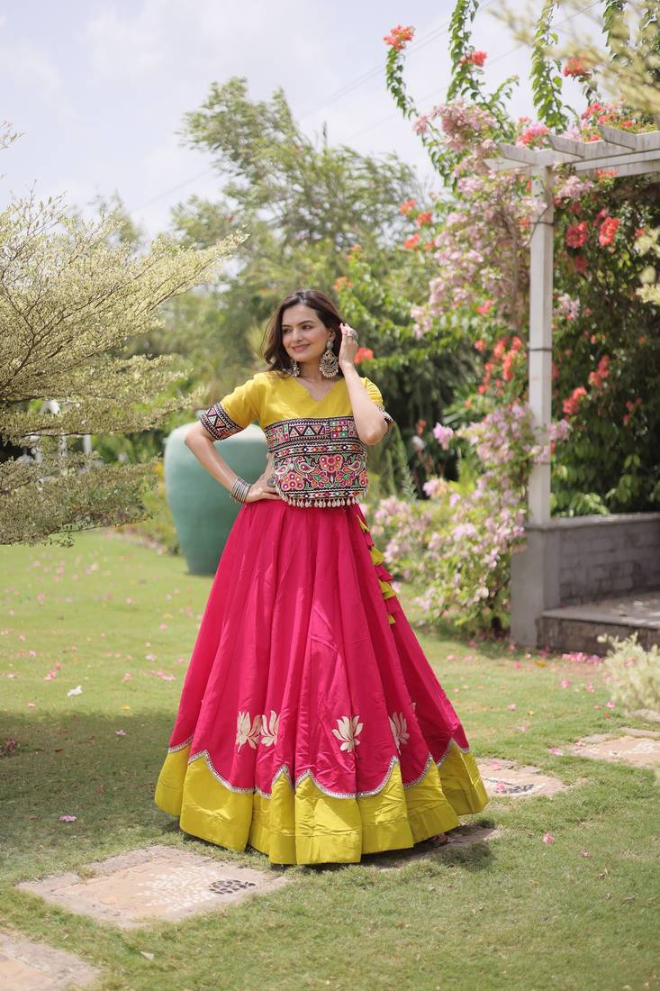 Pink & Lemon Yellow Lotus Flower Gota & Mirror Lace Work Roman Flared Lehenga With Kutchi Gamthi Blouse Set