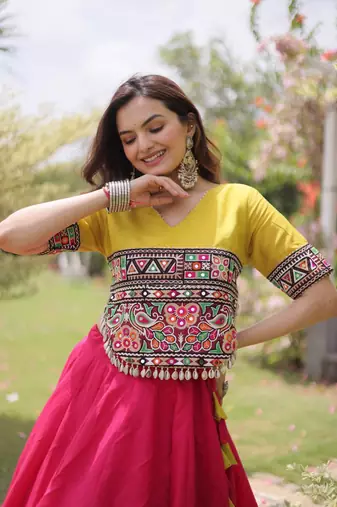 Pink & Lemon Yellow Lotus Flower Gota & Mirror Lace Work Roman Flared Lehenga With Kutchi Gamthi Blouse Set