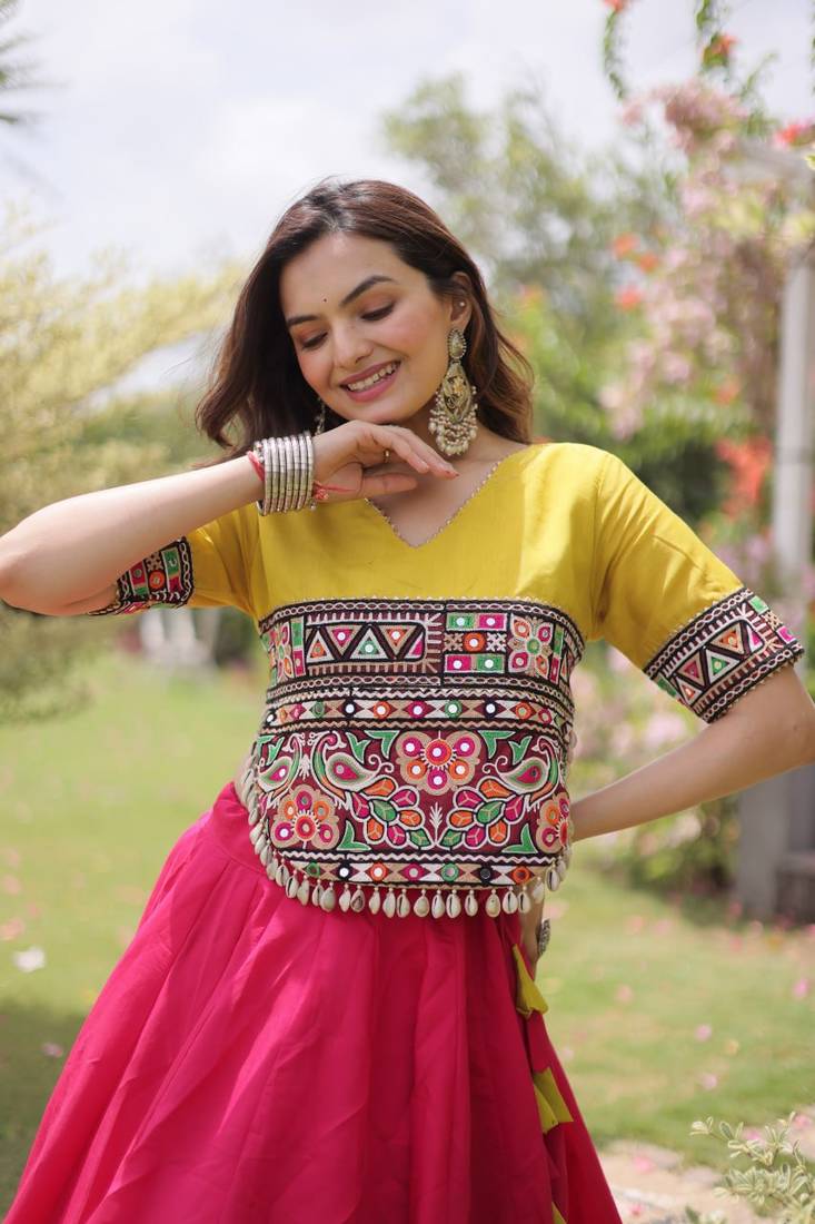 Pink & Lemon Yellow Lotus Flower Gota & Mirror Lace Work Roman Flared Lehenga With Kutchi Gamthi Blouse Set