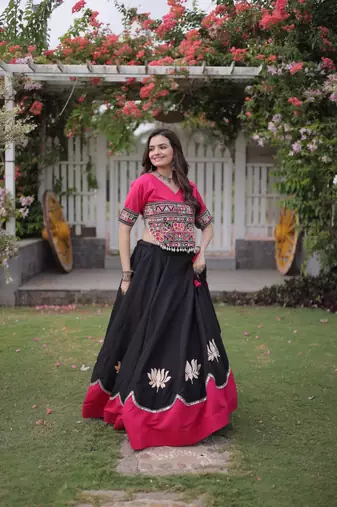 black & pink lotus Flower Gota & Mirror Lace Work Roman Flared Lehenga With Kutchi Gamthi Blouse Set
