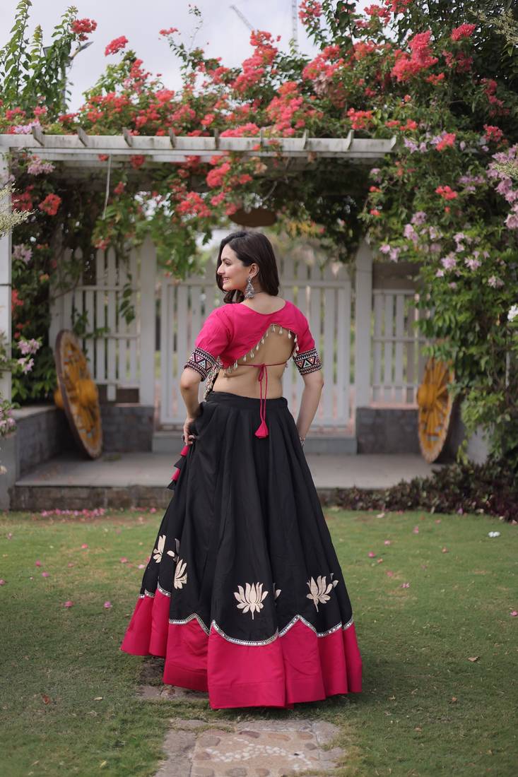 black & pink lotus Flower Gota & Mirror Lace Work Roman Flared Lehenga With Kutchi Gamthi Blouse Set