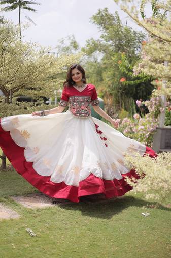 WHITE & MAROON lotus Flower Gota & Mirror Lace Work Roman Flared Lehenga With Kutchi Gamthi Blouse Set