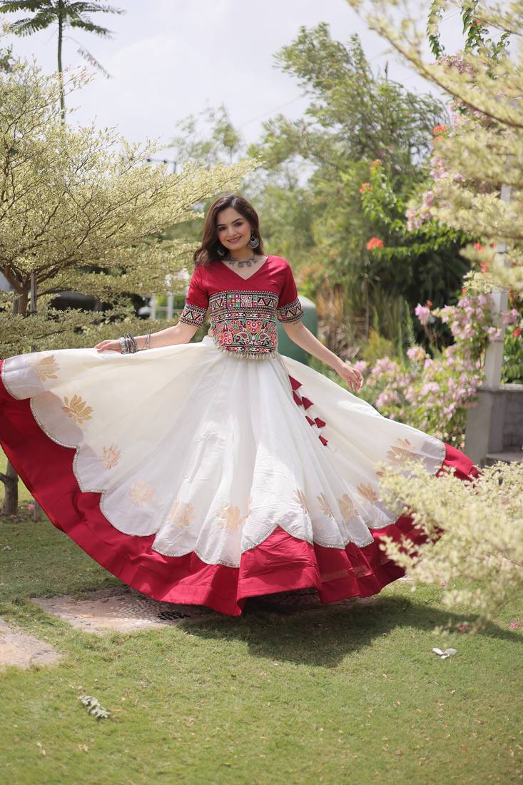 WHITE & MAROON lotus Flower Gota & Mirror Lace Work Roman Flared Lehenga With Kutchi Gamthi Blouse Set
