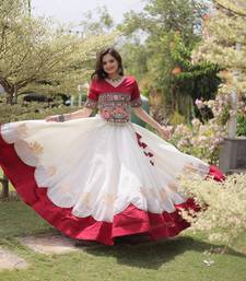WHITE & MAROON lotus Flower Gota & Mirror Lace Work Roman Flared Lehenga With Kutchi Gamthi Blouse Set