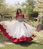 WHITE & MAROON lotus Flower Gota & Mirror Lace Work Roman Flared Lehenga With Kutchi Gamthi Blouse Set