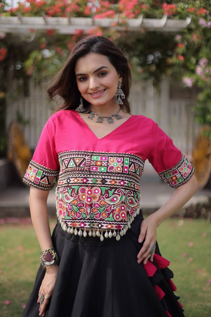 black & pink lotus Flower Gota & Mirror Lace Work Roman Flared Lehenga With Kutchi Gamthi Blouse Set