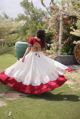 WHITE & MAROON lotus Flower Gota & Mirror Lace Work Roman Flared Lehenga With Kutchi Gamthi Blouse Set 2