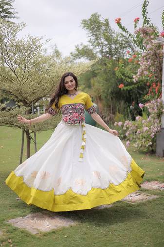 White & Lemon Yellow Lotus Flower Gota & Mirror Lace Work Roman Flared Lehenga With Kutchi Gamthi Blouse Set