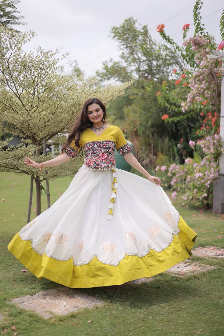 White & Lemon Yellow Lotus Flower Gota & Mirror Lace Work Roman Flared Lehenga With Kutchi Gamthi Blouse Set