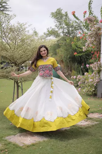 White & Lemon Yellow Lotus Flower Gota & Mirror Lace Work Roman Flared Lehenga With Kutchi Gamthi Blouse Set