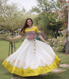 White & Lemon Yellow Lotus Flower Gota & Mirror Lace Work Roman Flared Lehenga With Kutchi Gamthi Blouse Set