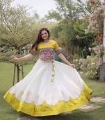 White & Lemon Yellow Lotus Flower Gota & Mirror Lace Work Roman Flared Lehenga With Kutchi Gamthi Blouse Set