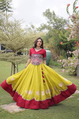 OLIVE GREEN & MAROON lotus Flower Gota & Mirror Lace Work Roman Flared Lehenga With Kutchi Gamthi Blouse Set