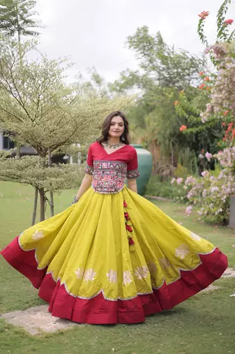 OLIVE GREEN & MAROON lotus Flower Gota & Mirror Lace Work Roman Flared Lehenga With Kutchi Gamthi Blouse Set