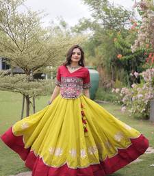OLIVE GREEN & MAROON lotus Flower Gota & Mirror Lace Work Roman Flared Lehenga With Kutchi Gamthi Blouse Set