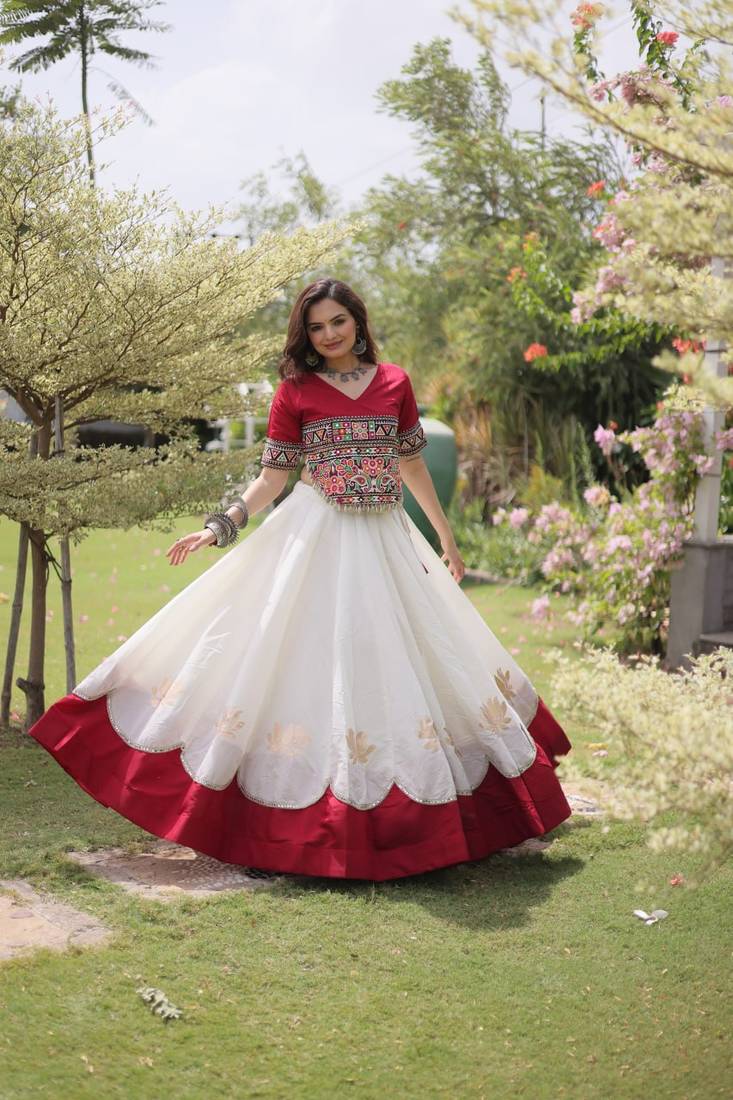 WHITE & MAROON lotus Flower Gota & Mirror Lace Work Roman Flared Lehenga With Kutchi Gamthi Blouse Set