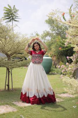 WHITE & MAROON lotus Flower Gota & Mirror Lace Work Roman Flared Lehenga With Kutchi Gamthi Blouse Set 4
