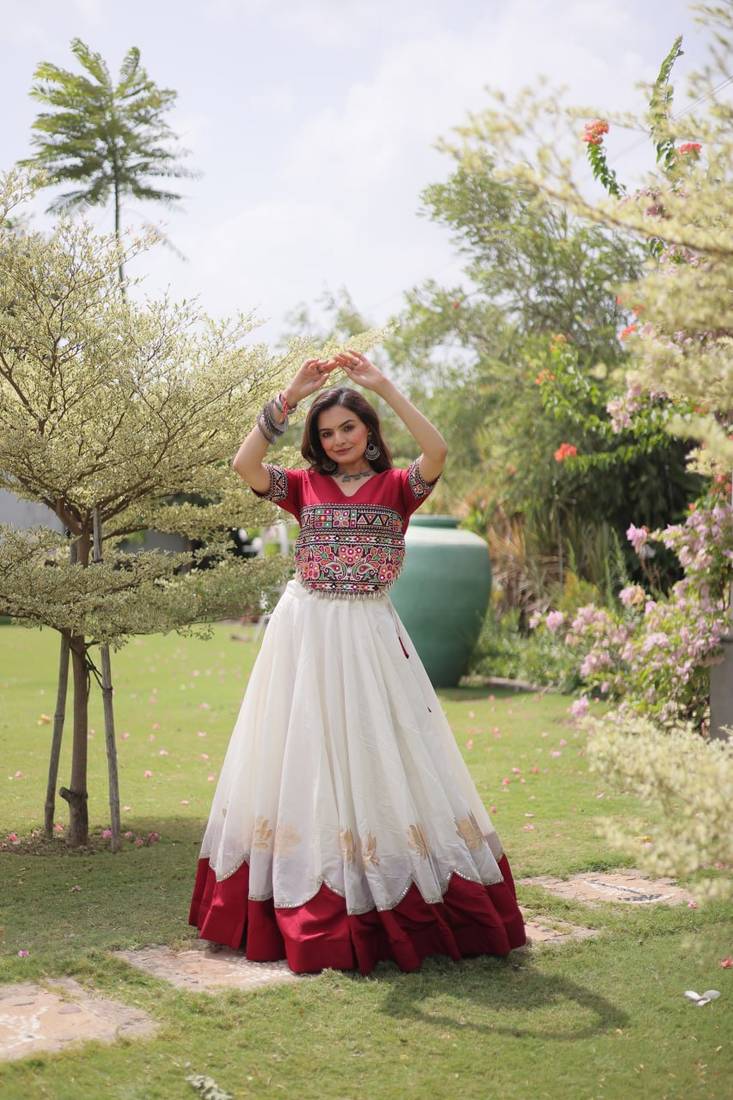 WHITE & MAROON lotus Flower Gota & Mirror Lace Work Roman Flared Lehenga With Kutchi Gamthi Blouse Set
