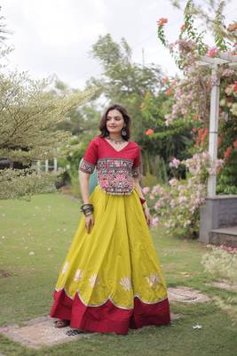 OLIVE GREEN & MAROON lotus Flower Gota & Mirror Lace Work Roman Flared Lehenga With Kutchi Gamthi Blouse Set 3